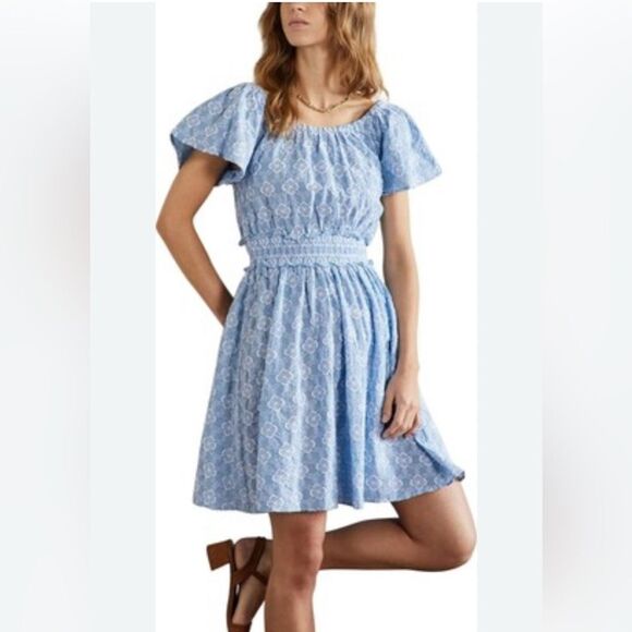 Boden Blue Floral Embroidered Eyelet Short Sleeve Mini Dress 14 - Picture 1 of 7